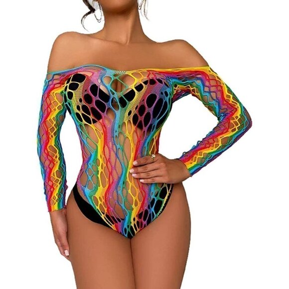 𝅺🌈 Rainbow Fishnet Stockings Mesh Lingerie Bodysuit Party Rave Boho Cosplay NWT - Picture 5 of 5
